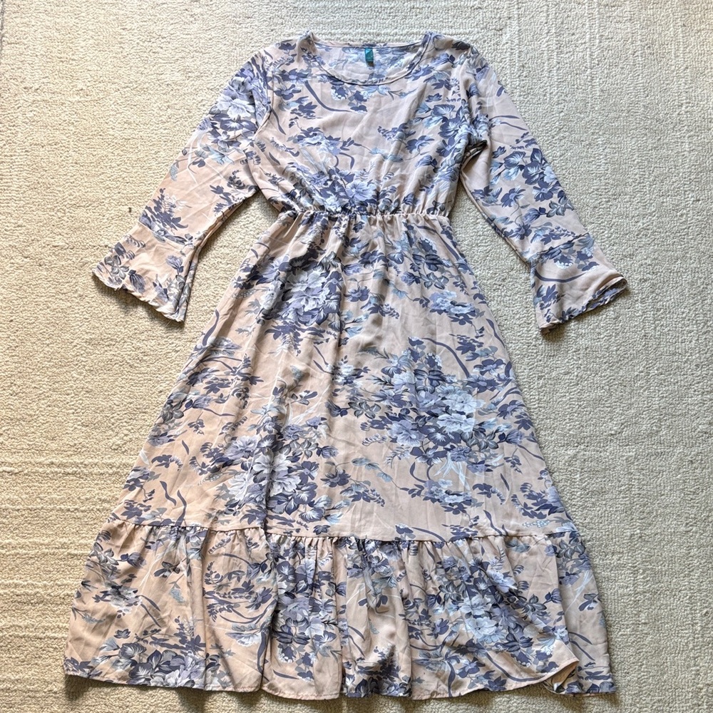 Floral Tie-Waist Long Sleeve Midi Dress - Light Pink/Blue